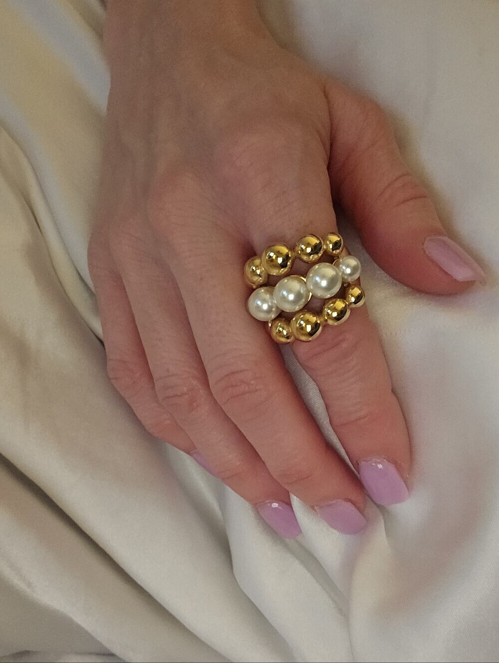 NEW 18 KGP Stainless Steel Pearl Bead Stack Statement Ring